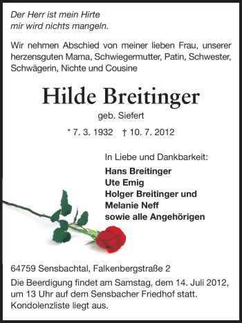 Traueranzeige von Hilde Breitinger von Odenwälder Echo