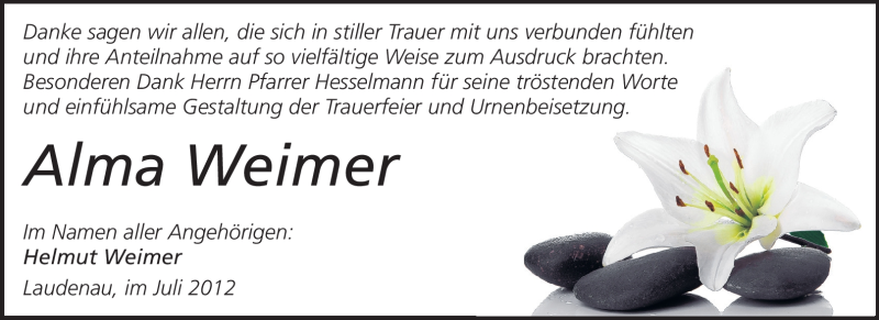  Traueranzeige für Alma Weimer vom 14.07.2012 aus Echo-Zeitungen (Gesamtausgabe)