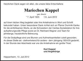 Traueranzeige von Mariechen Kappel von Starkenburger Echo, Bergsträßer Anzeiger