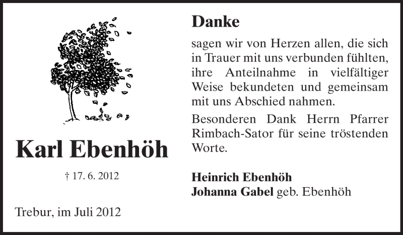  Traueranzeige für Karl Ebenhöh vom 14.07.2012 aus Rüsselsheimer Echo, Groß-Gerauer-Echo, Ried Echo