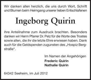 Traueranzeige von Ingeborg Quirin von Echo-Zeitungen (Gesamtausgabe)