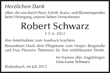 Traueranzeige von Robert Schwarz von Echo-Zeitungen (Gesamtausgabe)