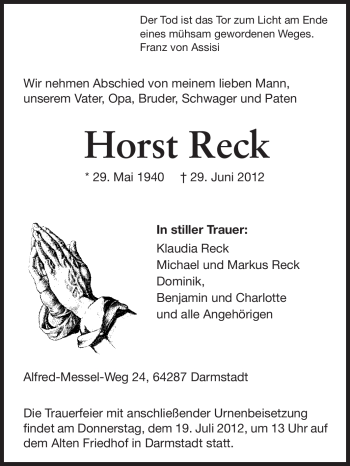 Traueranzeige von Horst Reck von Echo-Zeitungen (Gesamtausgabe)