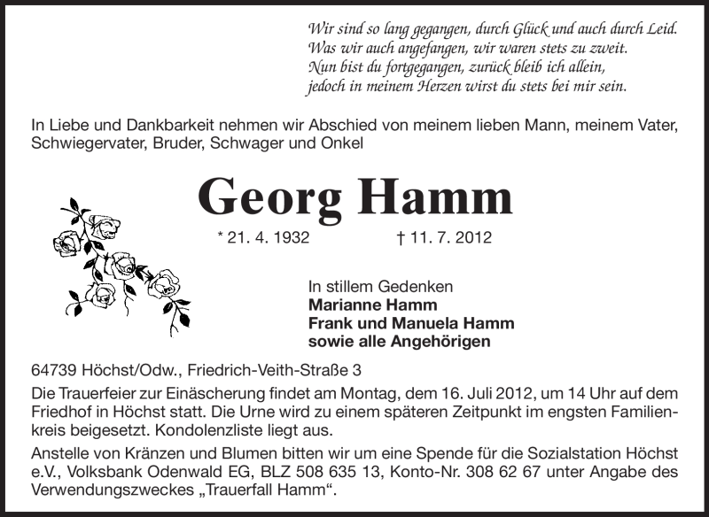  Traueranzeige für Georg Hamm vom 14.07.2012 aus Odenwälder Echo