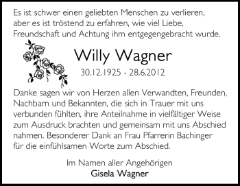 Traueranzeige von Willy Wagner von Echo-Zeitungen (Gesamtausgabe)