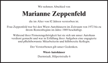 Traueranzeige von Marianne Zeppenfeld von Echo-Zeitungen (Gesamtausgabe)