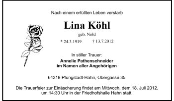 Traueranzeige von Lina Köhl von Echo-Zeitungen (Gesamtausgabe)