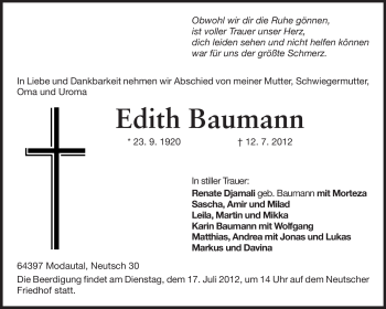 Traueranzeige von Edith Baumann von Echo-Zeitungen (Gesamtausgabe)