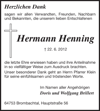 Traueranzeige von Hermann Henning von Odenwälder Echo
