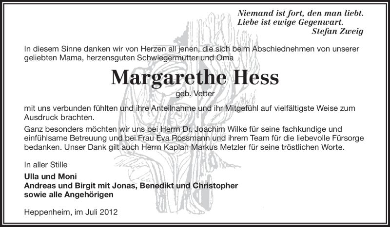  Traueranzeige für Margarethe Hess vom 21.07.2012 aus Starkenburger Echo