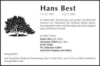 Traueranzeige von Hans Best von Rüsselsheimer Echo, Groß-Gerauer-Echo, Ried Echo