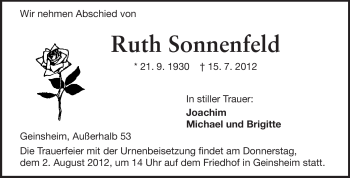 Traueranzeige von Ruth Sonnenfeld von Rüsselsheimer Echo, Groß-Gerauer-Echo, Ried Echo
