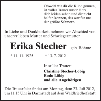 Traueranzeige von Erika Stecher von Echo-Zeitungen (Gesamtausgabe)