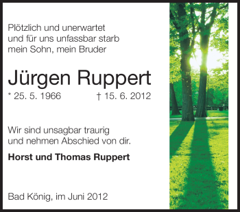 Traueranzeige von Jürgen Ruppert von Odenwälder Echo