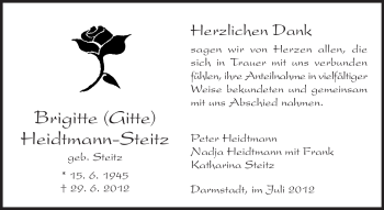 Traueranzeige von Brigitte Heidtmann-Steitz von Echo-Zeitungen (Gesamtausgabe)