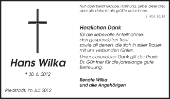 Traueranzeige von Hans Wilka von Rüsselsheimer Echo, Groß-Gerauer-Echo, Ried Echo