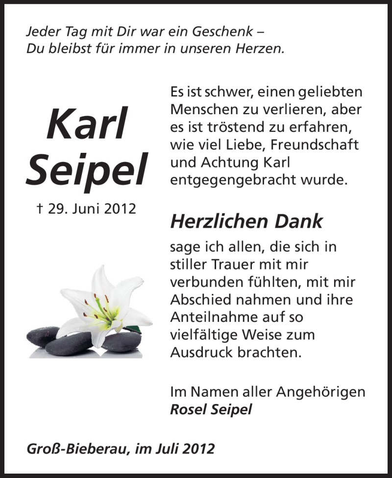  Traueranzeige für Karl Seipel vom 21.07.2012 aus Echo-Zeitungen (Gesamtausgabe)