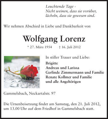 Traueranzeige von Wolfgang Lorenz von Odenwälder Echo