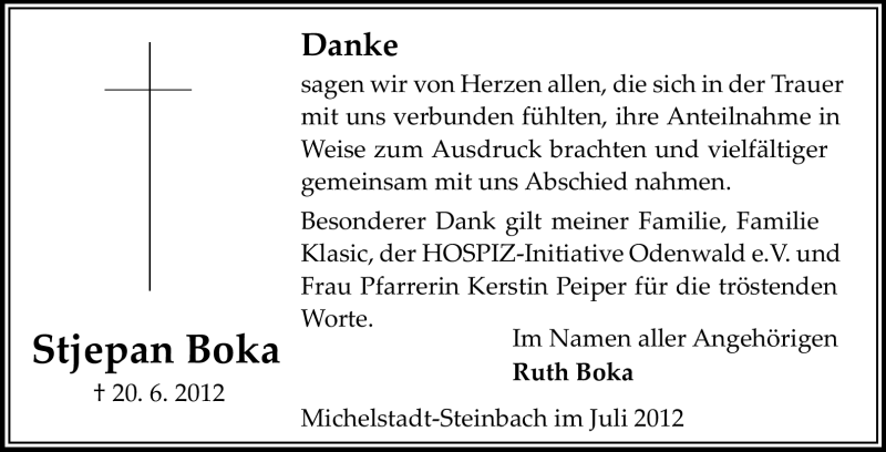  Traueranzeige für Stjepan Boka vom 18.07.2012 aus Odenwälder Echo