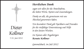 Traueranzeige von Dieter Kollmer von Odenwälder Echo