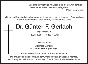 Traueranzeige von Günter Gerlach von Rüsselsheimer Echo, Groß-Gerauer-Echo, Ried Echo