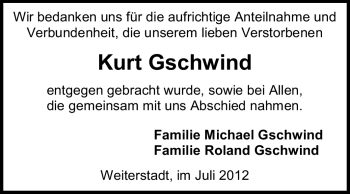 Traueranzeige von Kurt Gschwind von Echo-Zeitungen (Gesamtausgabe)