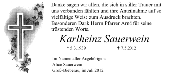 Traueranzeige von Karlheinz Sauerwein von Echo-Zeitungen (Gesamtausgabe)