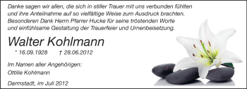 Traueranzeige von Walter Kohlmann von Echo-Zeitungen (Gesamtausgabe)
