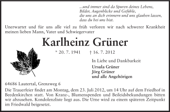 Traueranzeige von Karlheinz Grüner von Echo-Zeitungen (Gesamtausgabe)