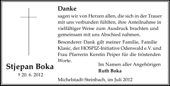 Traueranzeige von Stjepan Boka von Odenwälder Echo