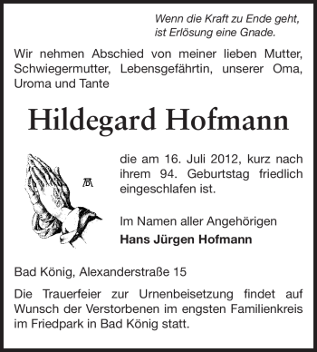 Traueranzeige von Hildegard Hofmann von Odenwälder Echo