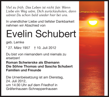 Traueranzeige von Evelin Schubert von Echo-Zeitungen (Gesamtausgabe)