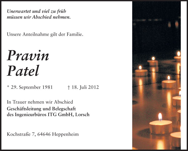  Traueranzeige für Pravin Patel vom 21.07.2012 aus Starkenburger Echo