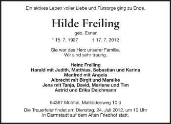 Traueranzeige von Hilde Freiling von Echo-Zeitungen (Gesamtausgabe)