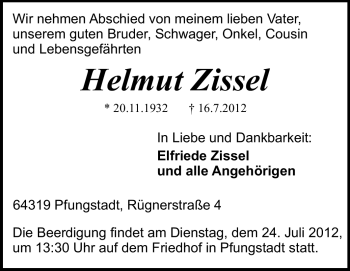 Traueranzeige von Helmut Zissel von Echo-Zeitungen (Gesamtausgabe)