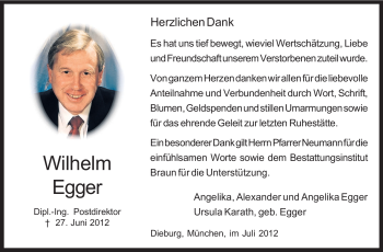 Traueranzeige von Wilhelm Egger von Echo-Zeitungen (Gesamtausgabe)