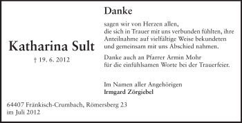 Traueranzeige von Katharina Sult von Echo-Zeitungen (Gesamtausgabe)