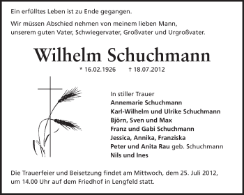 Traueranzeige von Wilhelm Schuchmann von Echo-Zeitungen (Gesamtausgabe)