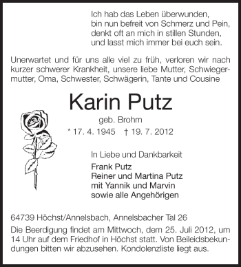 Traueranzeige von Karin Putz von Odenwälder Echo