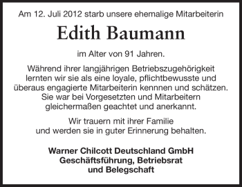 Traueranzeige von Edith Baumann von Echo-Zeitungen (Gesamtausgabe)