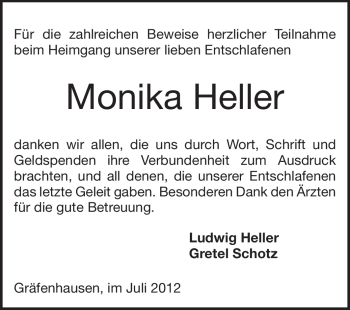 Traueranzeige von Monika Heller von Echo-Zeitungen (Gesamtausgabe)