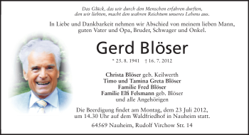 Traueranzeige von Gerd Blöser von Rüsselsheimer Echo, Groß-Gerauer-Echo, Ried Echo
