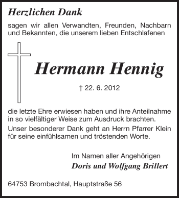 Traueranzeige von Hermann Henning von Odenwälder Echo