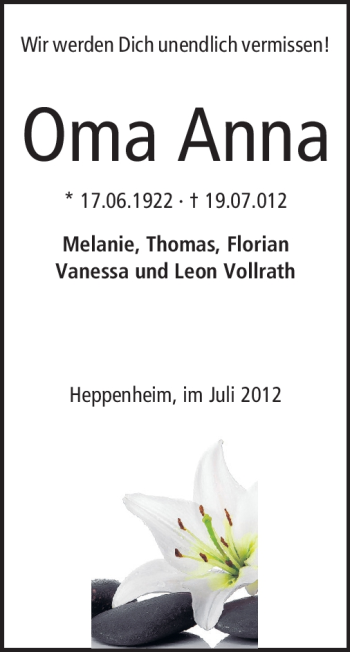 Traueranzeige von Anna Schmitt von Starkenburger Echo