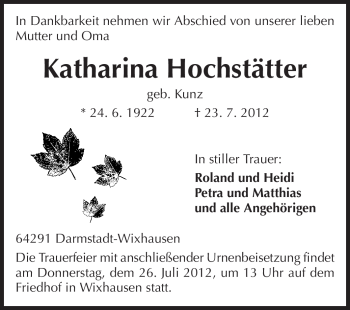 Traueranzeige von Katharina Hochstätter von Echo-Zeitungen (Gesamtausgabe)