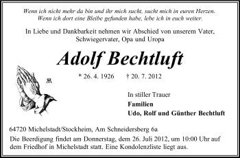 Traueranzeige von Adolf Bechtluft von Odenwälder Echo