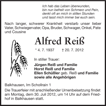 Traueranzeige von Alfred Reiß von Echo-Zeitungen (Gesamtausgabe)