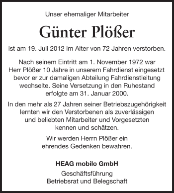 Traueranzeige von Günter Plößer von Echo-Zeitungen (Gesamtausgabe)