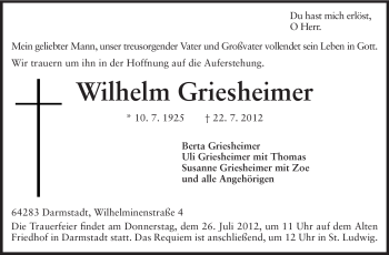 Traueranzeige von Wilhelm Griesheimer von Echo-Zeitungen (Gesamtausgabe)