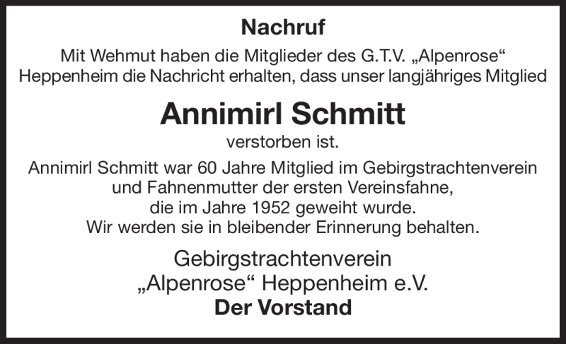  Traueranzeige für Annimirl Schmitt vom 24.07.2012 aus Starkenburger Echo